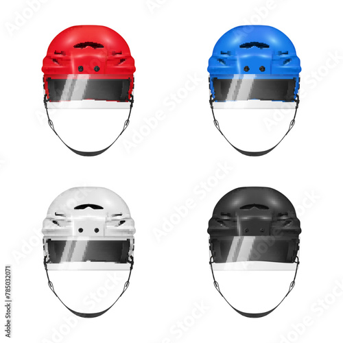 Hockey helmet for sport ice game playing head protection set realistic vector illustration