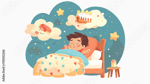 Sweet tooth boy kid sleeping in bed dreaming of eating © Noman