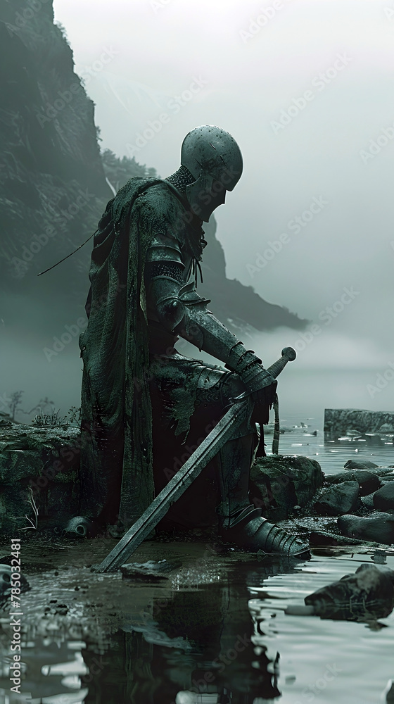 Haunting Presence of a Swordsman Warrior in a Desolate Watercolor Landscape Haunting Presence of a Swordsman Warrior in a Desolate Watercolor Landscape