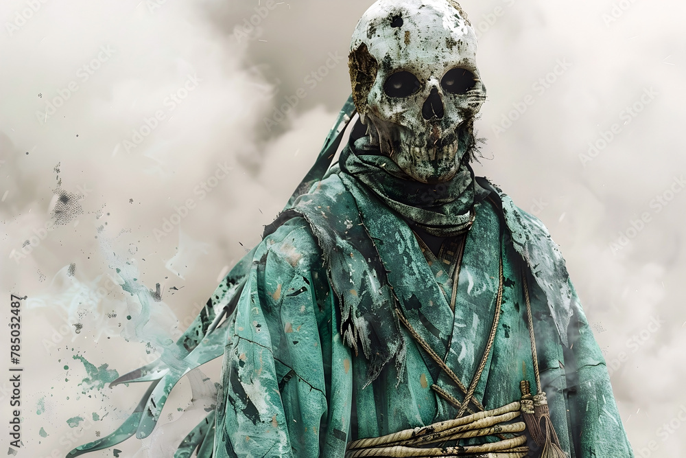 Fototapeta premium Haunting Journey of an Undead Ronin Through Desolate Lands in Watercolor Cinematic