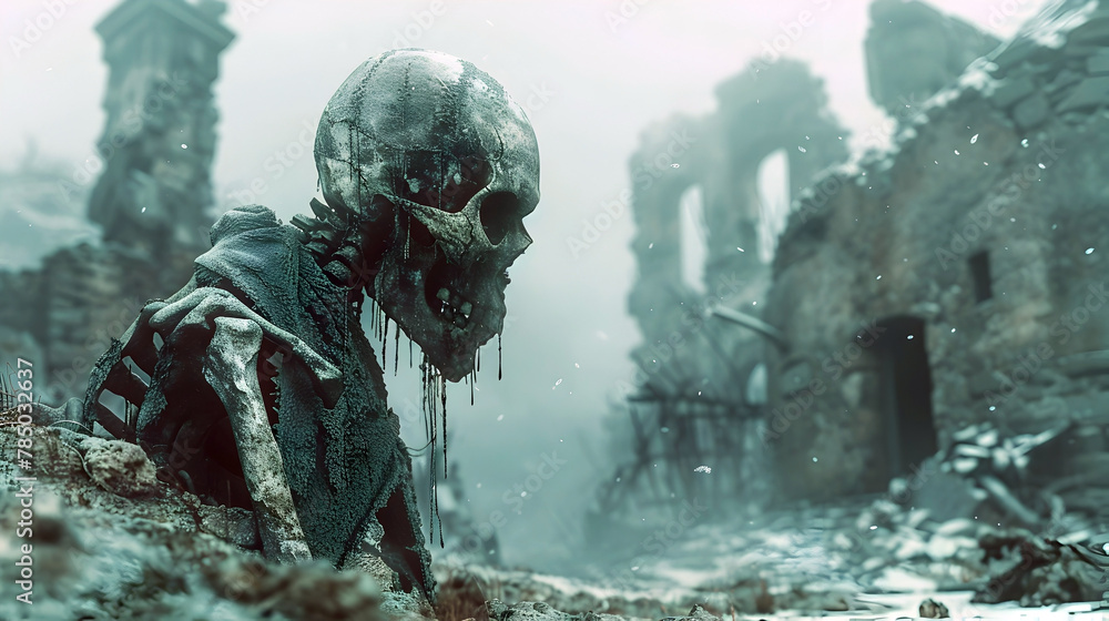 Fototapeta premium Haunting Remnants of a Fallen Civilization:A Desolate Ronin Wanders Amidst the Ruins