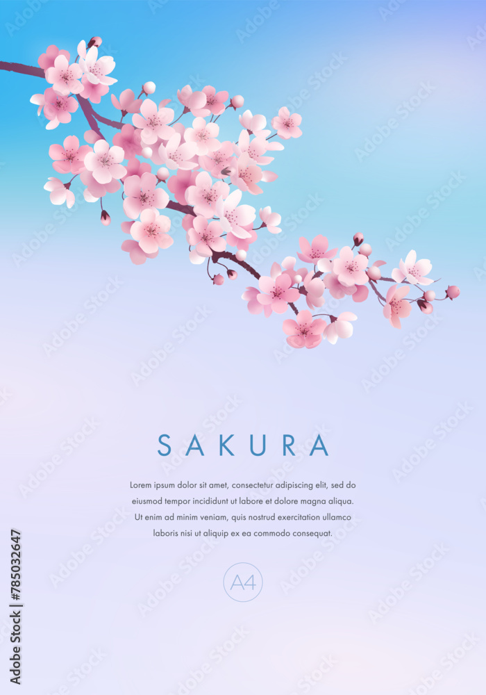 Fototapeta premium Sakura poster, card, cover, flyer or web banner design template. Vector illustration of realistic blossoming sakura flowers on blue sky background. Vector illustration