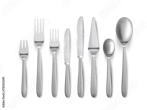 Spoons forks and knives silver metallic tableware for eating set realistic vector illustration