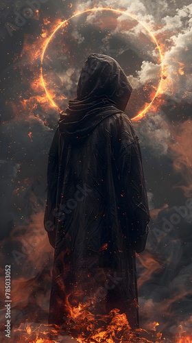 Hooded Celestial Figure Confronting Temptation Under the Eclipse's Veil in Isolated Cinematic Photographic Style