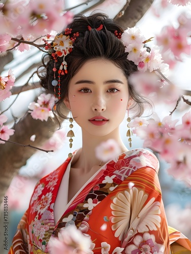 Japanese Woman in Vibrant Kimono Amid Cherry Blossoms
