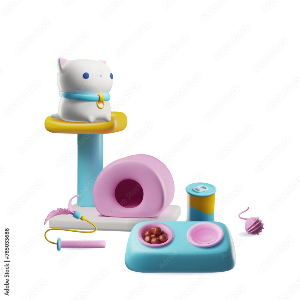 3D image of a white cat sitting in a cat house with a bow and toys