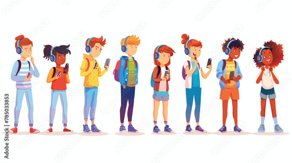 Teenage girls  boys children standing  using mobile 