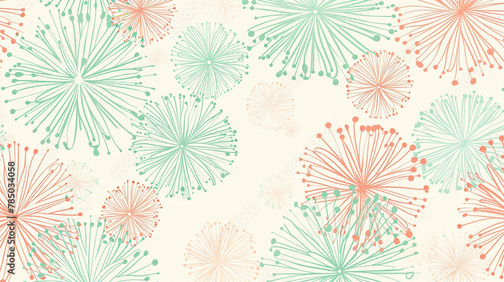 Delicate mint and coral fireworks on cream for a seamless festive look. Delicate mint and coral fireworks on cream for a seamless festive look.