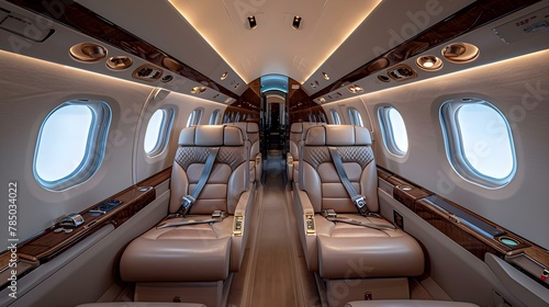 Elegant Minimalist Private Jet Interior with Plush Leather Seating. Concept Luxury Travel, Private Jet Interior, Plush Leather Seating, Elegant Design