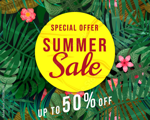 Summer Sale banner tropical plant, flowers and leaves © hadeev