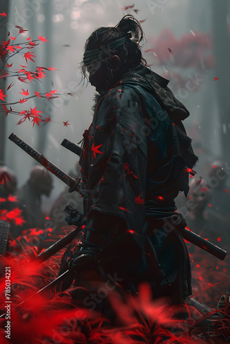 Lone Samurai Confronting Undead Hordes in Eerie Nocturnal 3D Render with Cinematic Photographic Style