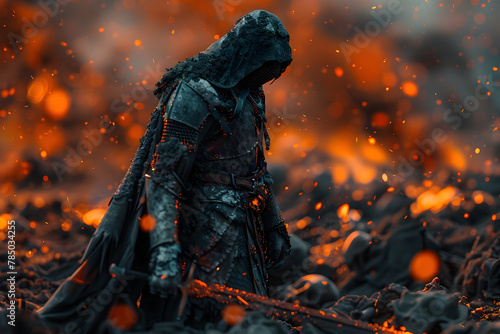 Lone Warrior Battling Undead Hordes in Macabre Wasteland Landscape with Cinematic Photographic Style