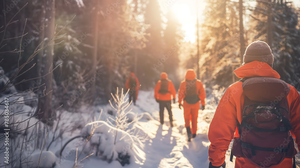 Group of hikers in bright orange gear trek through a snowy forest, with sunlight filtering through the trees.