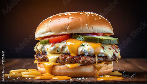 A delicious cheeseburger with melted cheese and a side of french fries