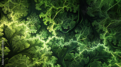 Digital forest fractals in varied greens, portraying a top-down view of life.