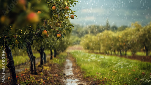 Raindrops fall in a serene orchard, where trees are laden with ripe fruit, creating a lush, damp, and fertile landscape.