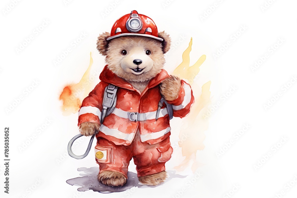 Watercolor illustration of a teddy bear in a firefighter suit. Watercolor illustration of a teddy bear in a firefighter suit.