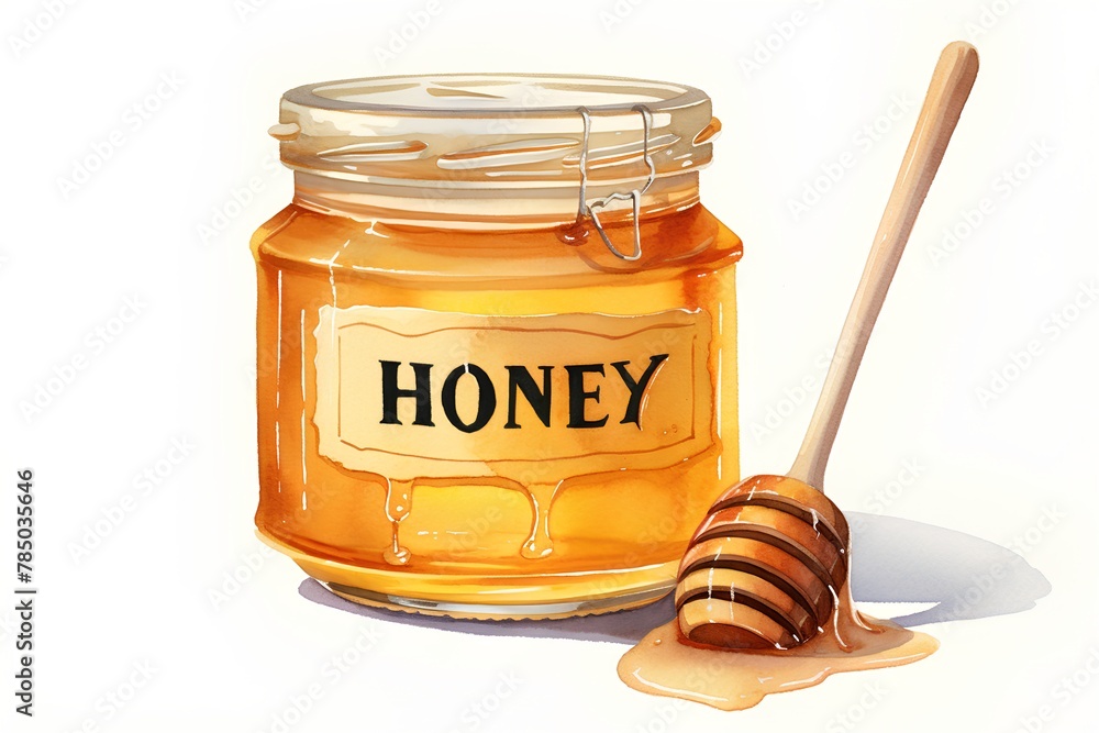 Honey jar with honey dipper, watercolor illustration on white background Honey jar with honey dipper, watercolor illustration on white background