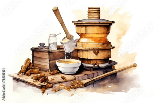 Watercolor illustration of a wooden coffee grinder with a wooden handle, a bowl of honey and a spoon.