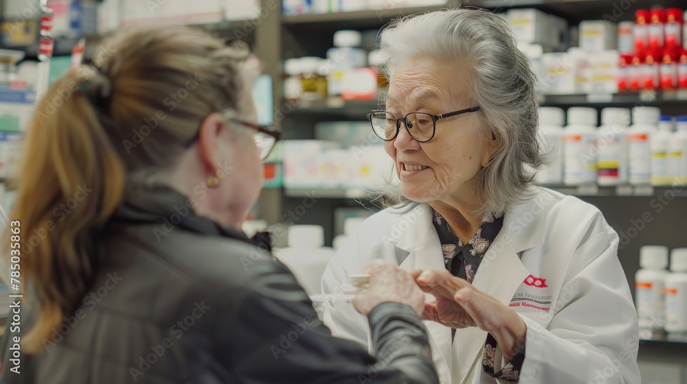 A pharmacist dispensing medication to an elderly patient, offering guidance and care, emphasizing the critical role pharmacies play in community health.