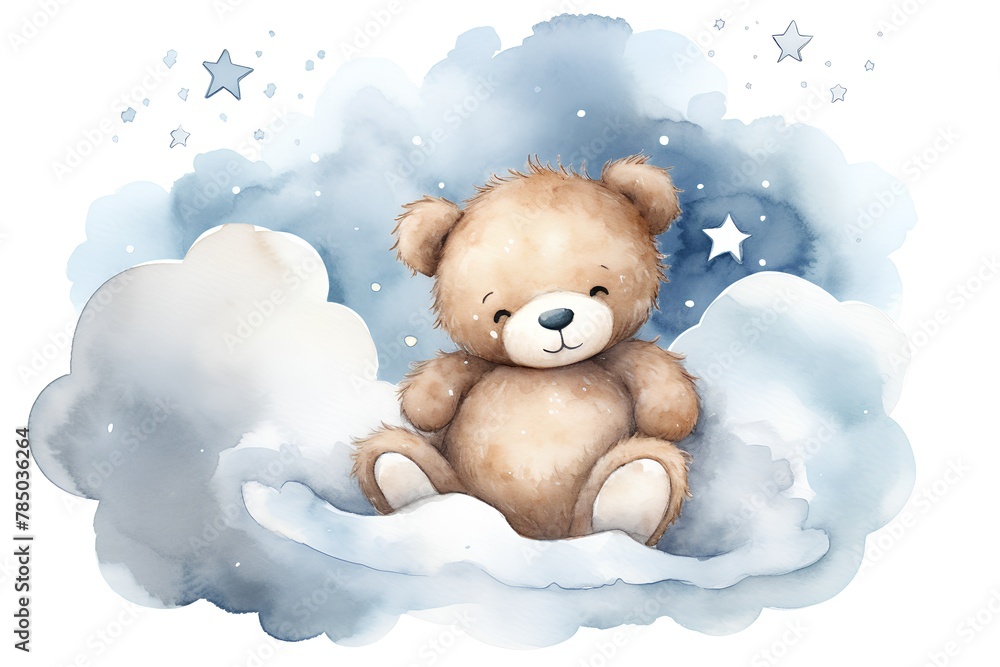 Cute cartoon teddy bear sitting on cloud. Watercolor illustration Cute cartoon teddy bear sitting on cloud. Watercolor illustration