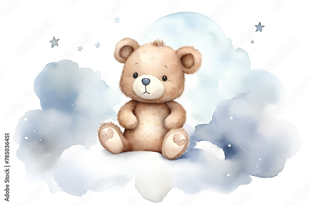 Cute teddy bear sitting on the cloud. Watercolor illustration. Cute teddy bear sitting on the cloud. Watercolor illustration.