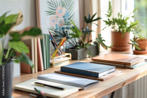 A mockup of a green notebook on a wooden desk side view. There are pens, pencils and plants nearby.