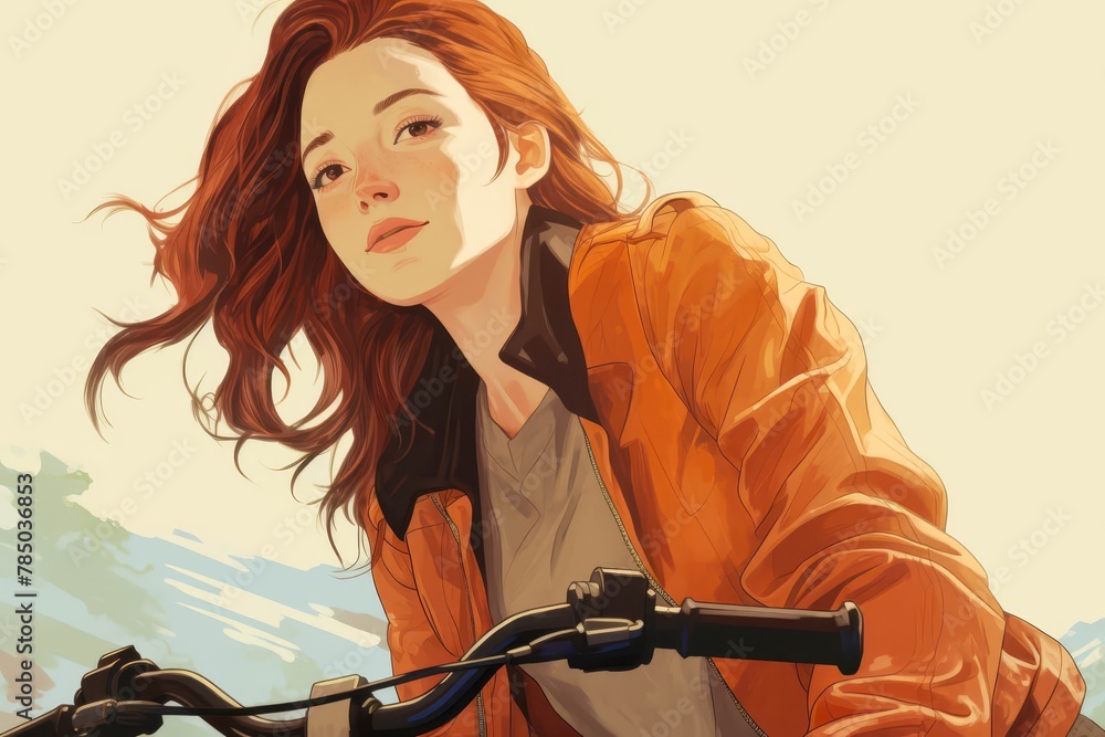An illustration of a girl with freckles on her cheeks, riding a bike. She is of European nationality, around 22 years old
An illustration of a girl with freckles on her cheeks, riding a bike. She is of European nationality, around 22 years old