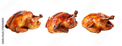 Set of whole roasted chicken isolated on transparent background.