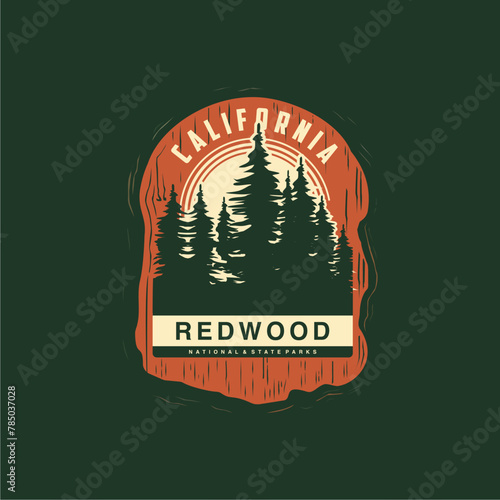 Emblem sticker patch logo illustration of Redwood National Park on dark background, forest vector badge