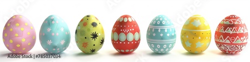 Row of Colorful Easter Eggs with Various Patterns and Designs Isolated on a White Background, Ideal for Festive Banner Design