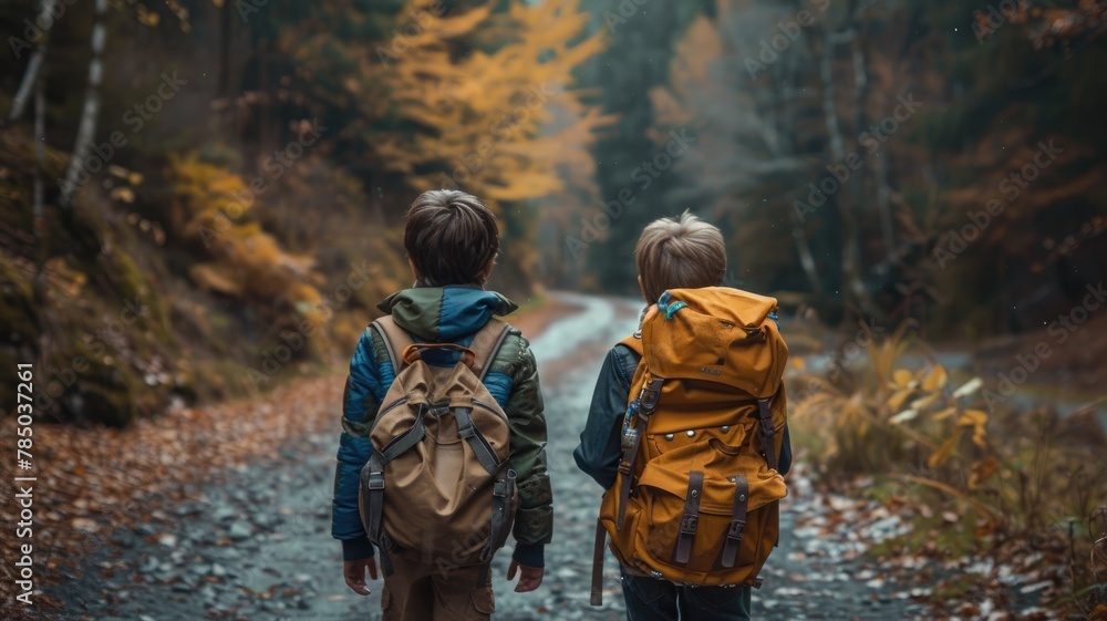 Boys walking with backpacks on a woodland road