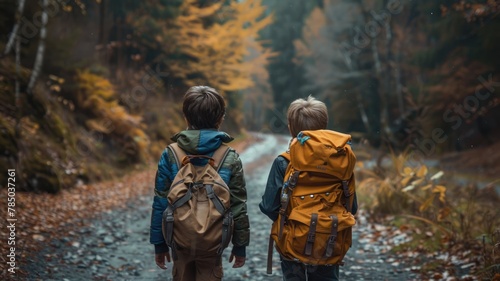 Boys walking with backpacks on a woodland road