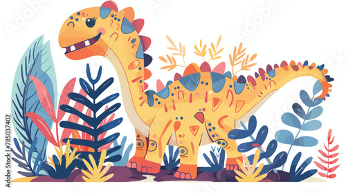 Dino character and simple tropical plants. Cute color © Tech