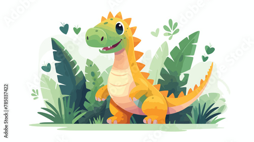 Dino character and simple tropical plants. Cute color