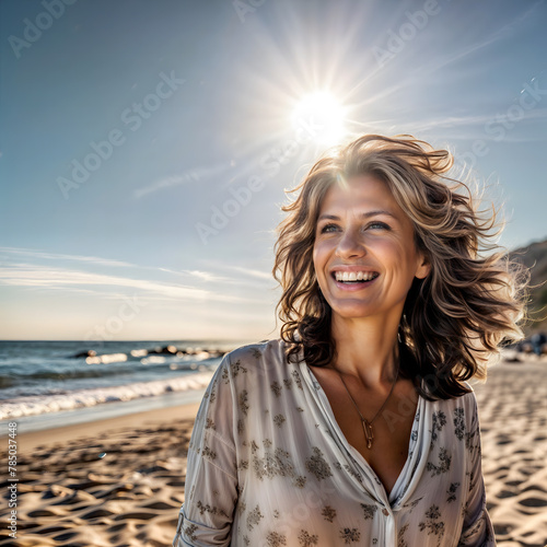 Precious Rest on the Beach: The Happy Smile of a Middle-aged Woman