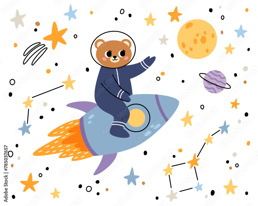 Bear in open space. Cute animal astronaut in space suits, flying on a rocket. Character exploring universe galaxy with planets, stars, spaceship for children print.