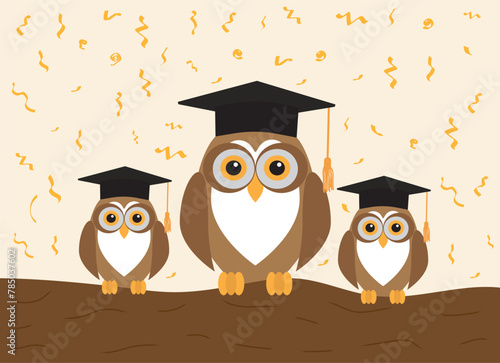 Three owls in graduation cap on  background of confetti. Vector illustration.