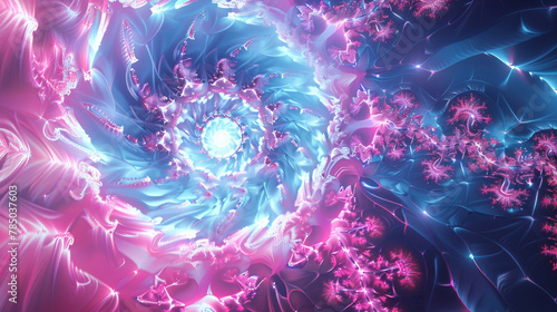 A neon fractal vortex in pinks and blues for a psychedelic, 3D abstract scene.