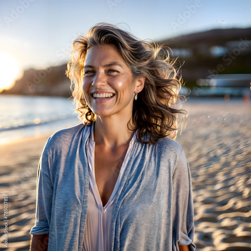 Precious Rest on the Beach: The Happy Smile of a Middle-aged Woman