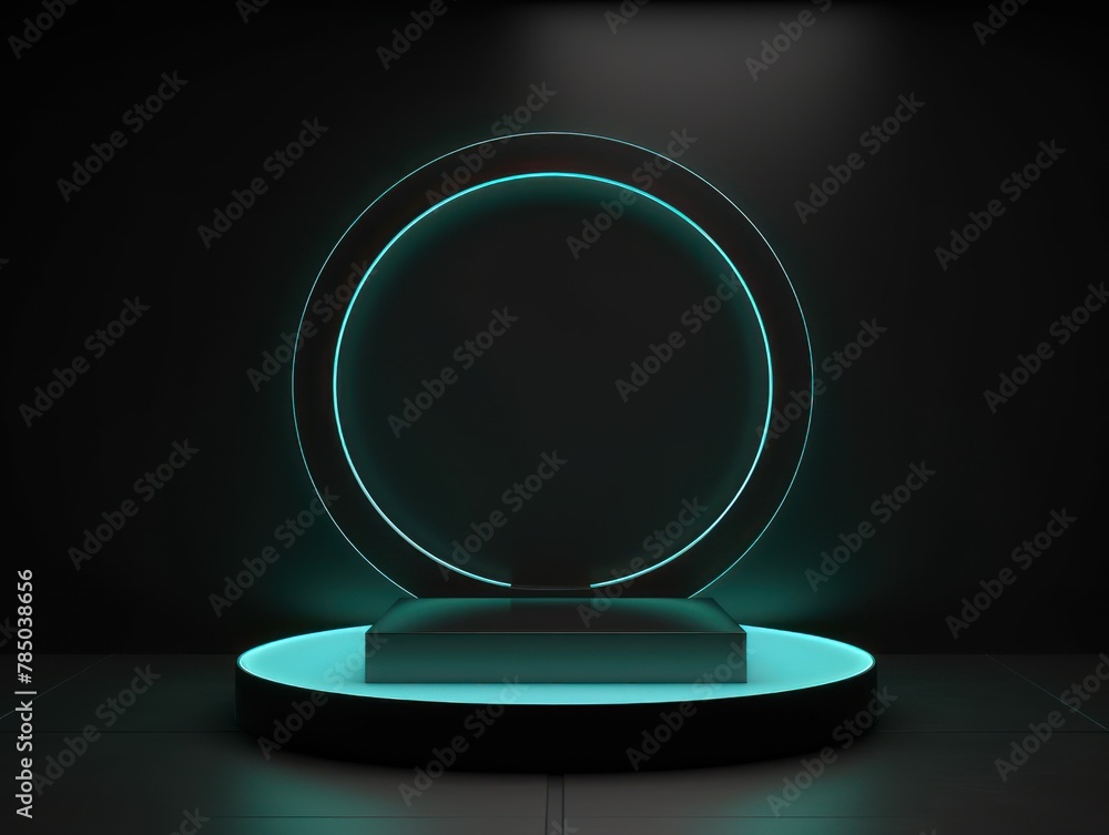 Abstract minimal background with empty stage for product presentation, neon light circle on dark wall and round podium