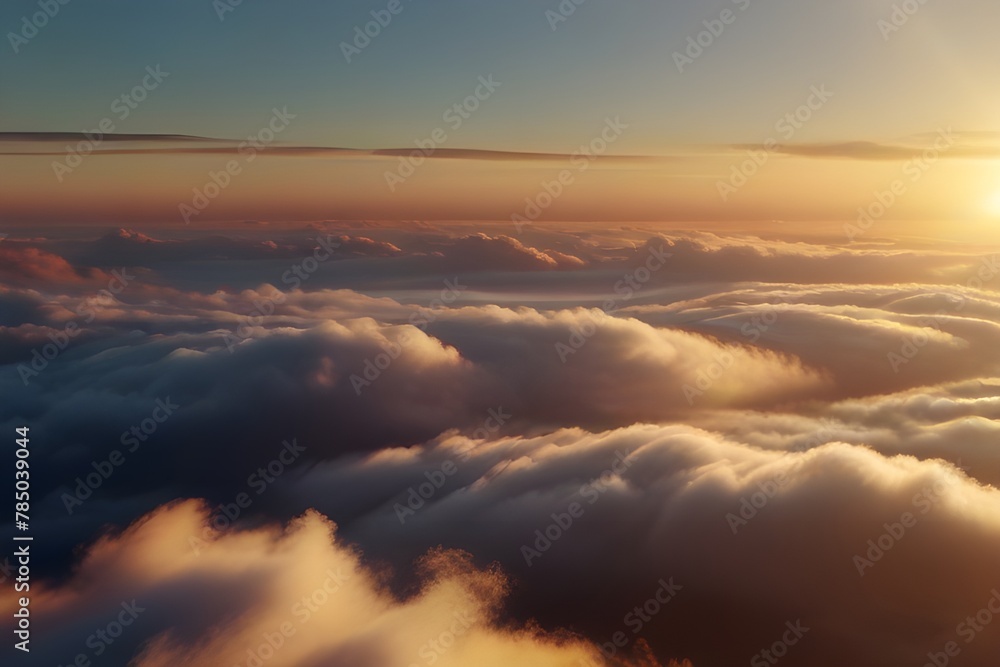 An aerial shot above beautiful sunset clouds with sun shining through fog, detailed picturesque view, camera moving into amazing cloudscape with beautiful light rays, realistic CG animation Generative