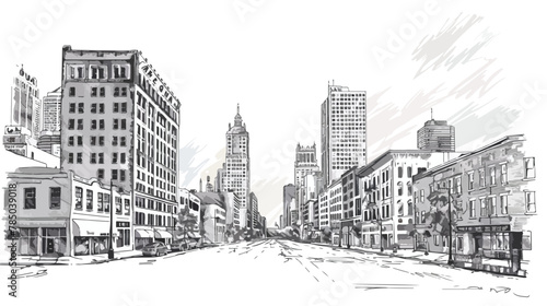 Downtown street view with buildings in Detroit City