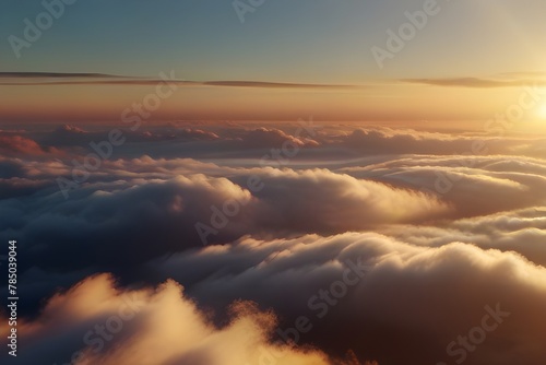 An aerial shot above beautiful sunset clouds with sun shining through fog, detailed picturesque view, camera moving into amazing cloudscape with beautiful light rays, realistic CG animation Generative