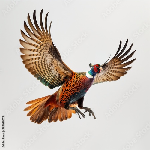 A vibrant pheasant with spread wings captured mid-flight against a clear background.