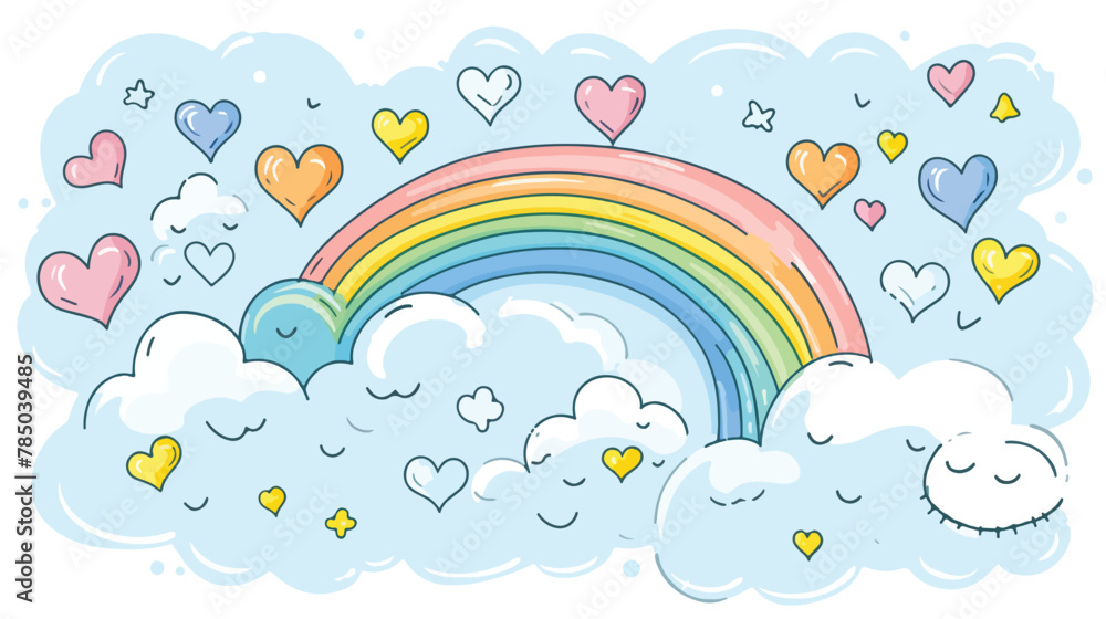 Drawn by hand doodle rainbow with clouds hearts