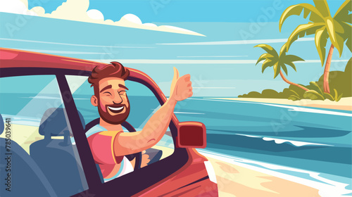 Smiling rich business man driving his car at seashore
