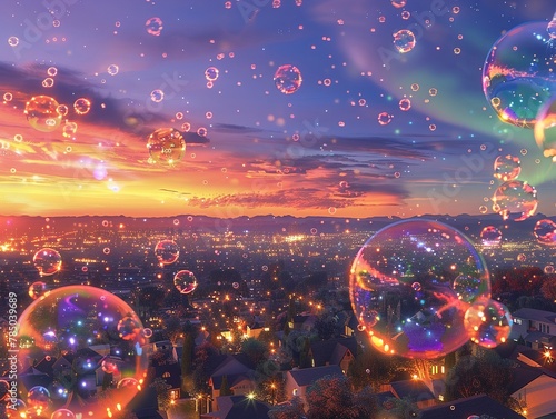Silicon Valley at dusk, where the sky blooms with a peacock fire aurora, while a seraphims veil of bubbles protects potion brewing dreams below,  photo