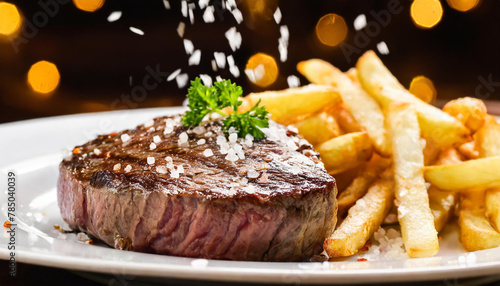 Beef Steak with Grain Salt Falling. Delicious Meat with Vegetable and Fries on Background.