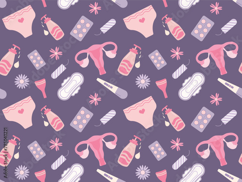 Women's panties, uterus, menstrual cup, seamless pattern on a purple background. Menstrual period.